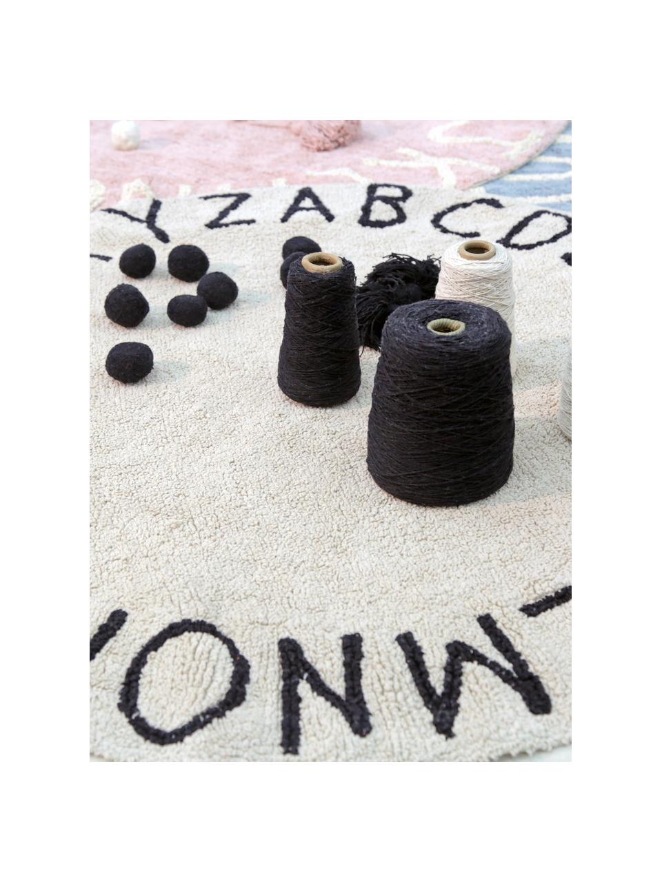 Runder Teppich ABC mit Buchstaben Design, waschbar, Recycelte Baumwolle (80% Baumwolle, 20% andere Fasern), Beige & Schwarz, Ø 150 cm (Größe M)