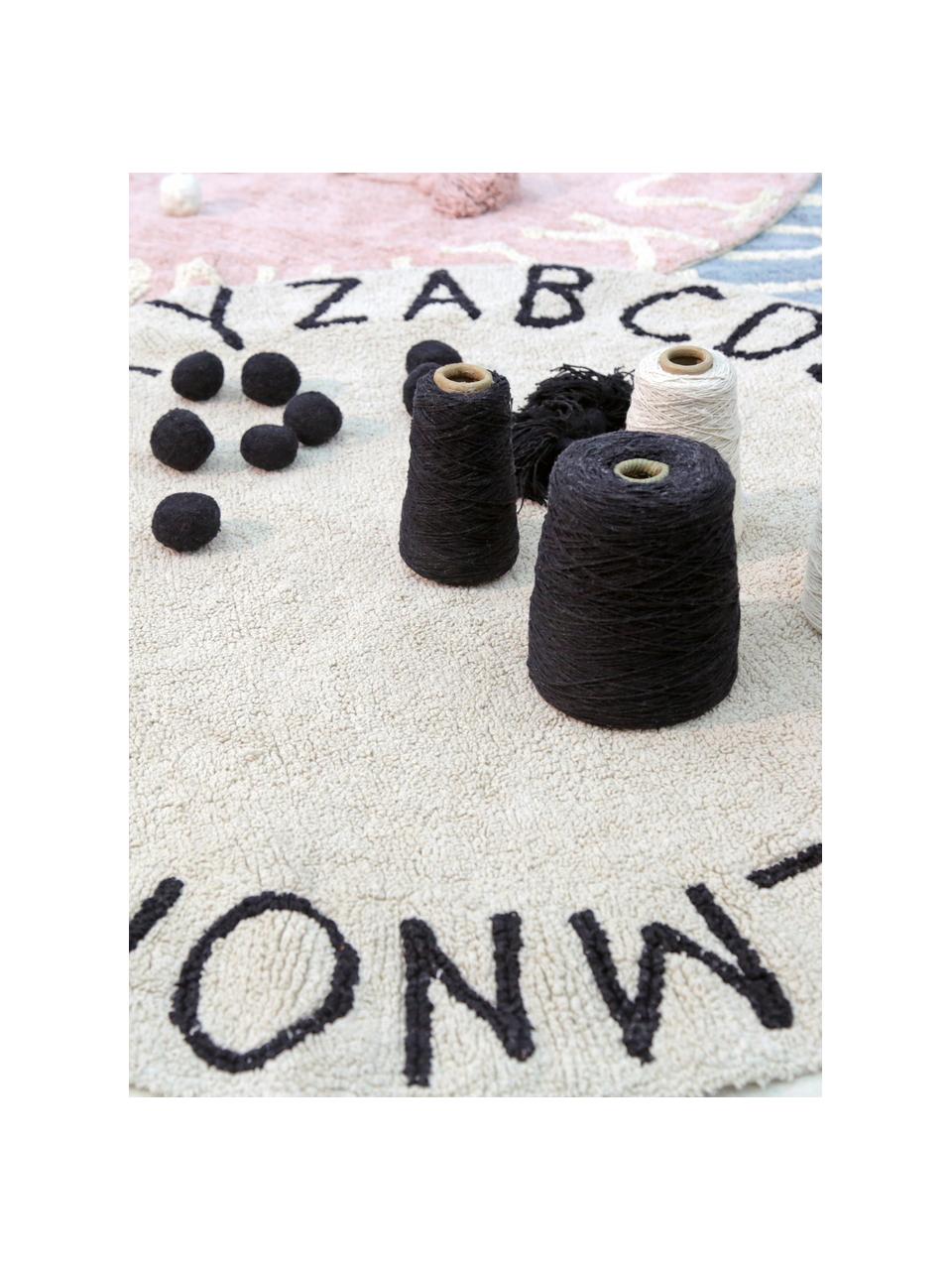 Alfombra redonda con letras de diseño ABC, Algodón reciclado (80% algodón, 20% otras fibras), Beige claro, negro, Ø 150 cm (Tamaño M)