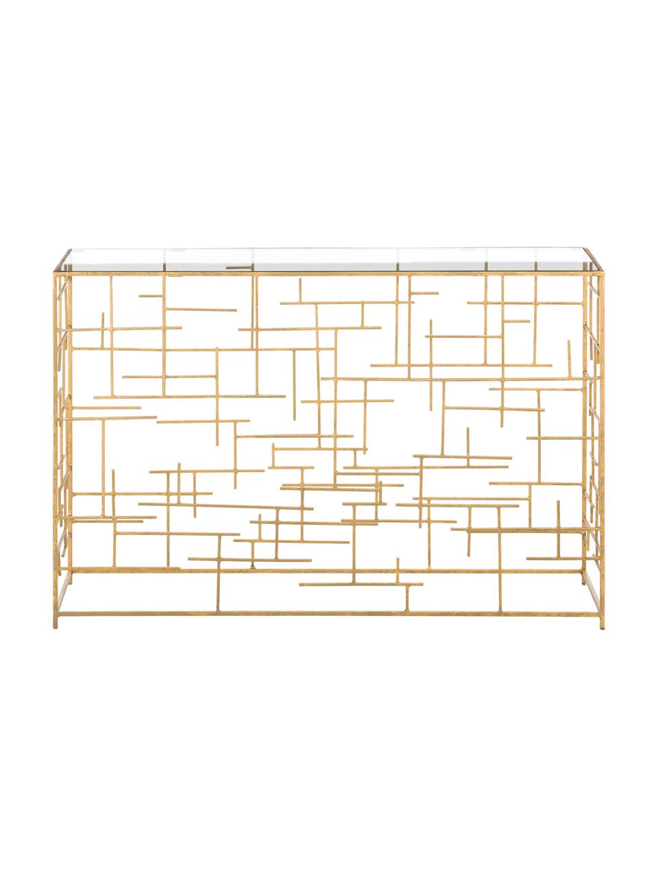 Consolle in vetro e metallo dorato Nola, Mensola: vetro, Struttura: metallo rivestito, Dorato, Larg. 120 x Prof. 35 cm