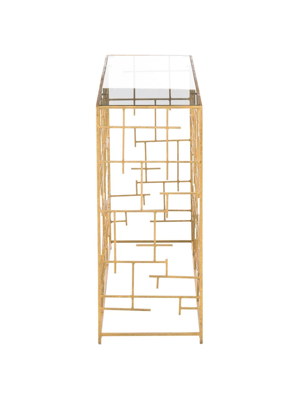 Sidetable Nola van glas en goudkleurig metaal, Tafelblad: glas, Frame: gecoat metaal, Goudkleurig, B 120 x D 35 cm