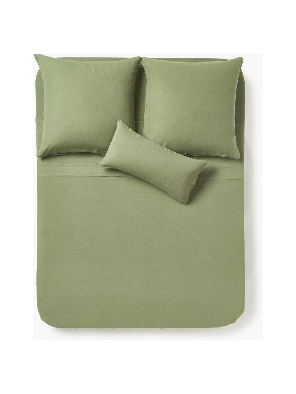 Drap plat en lin délavé Airy, Vert olive, larg. 240 x long. 280 cm