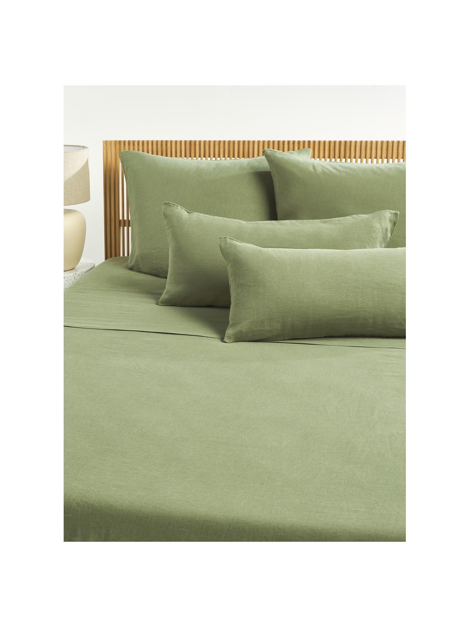 Drap plat en lin délavé Airy, Vert olive, larg. 240 x long. 280 cm