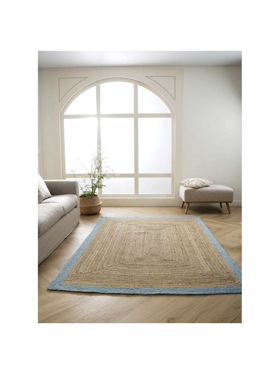 Ručně tkaný koberec z juty Shanta, 100 % juta, Hnědá, holubí modrá, Š 120 cm, D 180 cm (velikost S)