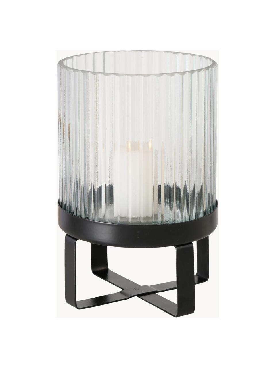 Glas-Windlichter Emmus mit Rillenrelief, 2er-Set, Glas, Metall, Schwarz, Transparent, Set mit verschiedenen Größen