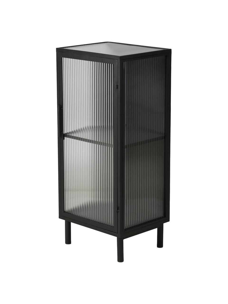 Kleine vitrine Markus met gegroefd glas en metalen frame, zwart, Frame: gecoat metaal, Zwart, transparant, 40 x 92 cm