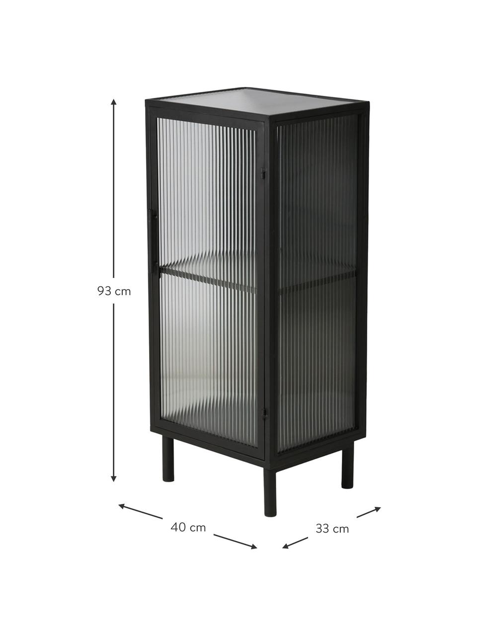 Kleine vitrine Markus met gegroefd glas en metalen frame, zwart, Frame: gecoat metaal, Zwart, transparant, 40 x 92 cm