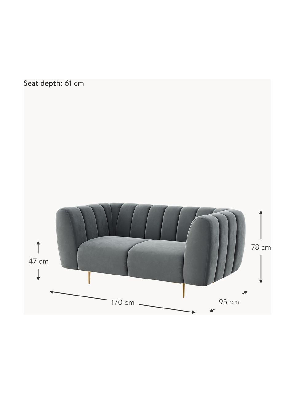 Sofá de terciopelo Shel (2 plazas), Tapizado: 100% terciopelo de poliés, Asiento: muelles ondulados, espuma, Estructura: madera dura, madera bland, Patas: metal recubierto, Terciopelo gris oscuro, patas latón, An 170 x F 95 cm