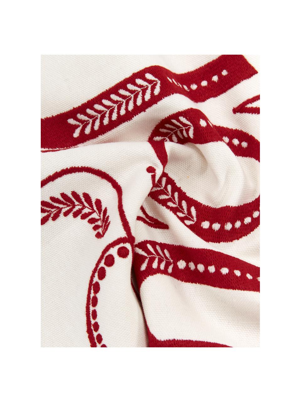 Kissenhülle Joy mit winterlichen Stickereien, 100 % Baumwolle, Weiß & Rot, B 45 x L 45 cm