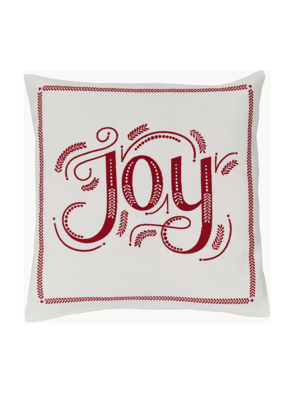 Housse de coussin 45x45 avec broderies hivernales Joy, 100 % coton, Blanc, rouge, larg. 45 x long. 45 cm