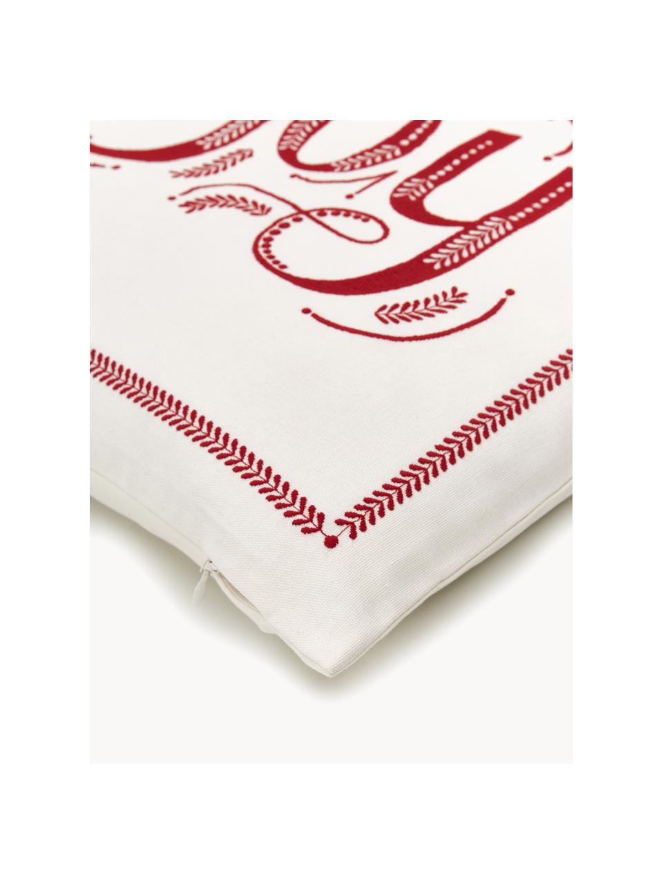 Housse de coussin 45x45 avec broderies hivernales Joy, 100 % coton, Blanc, rouge, larg. 45 x long. 45 cm