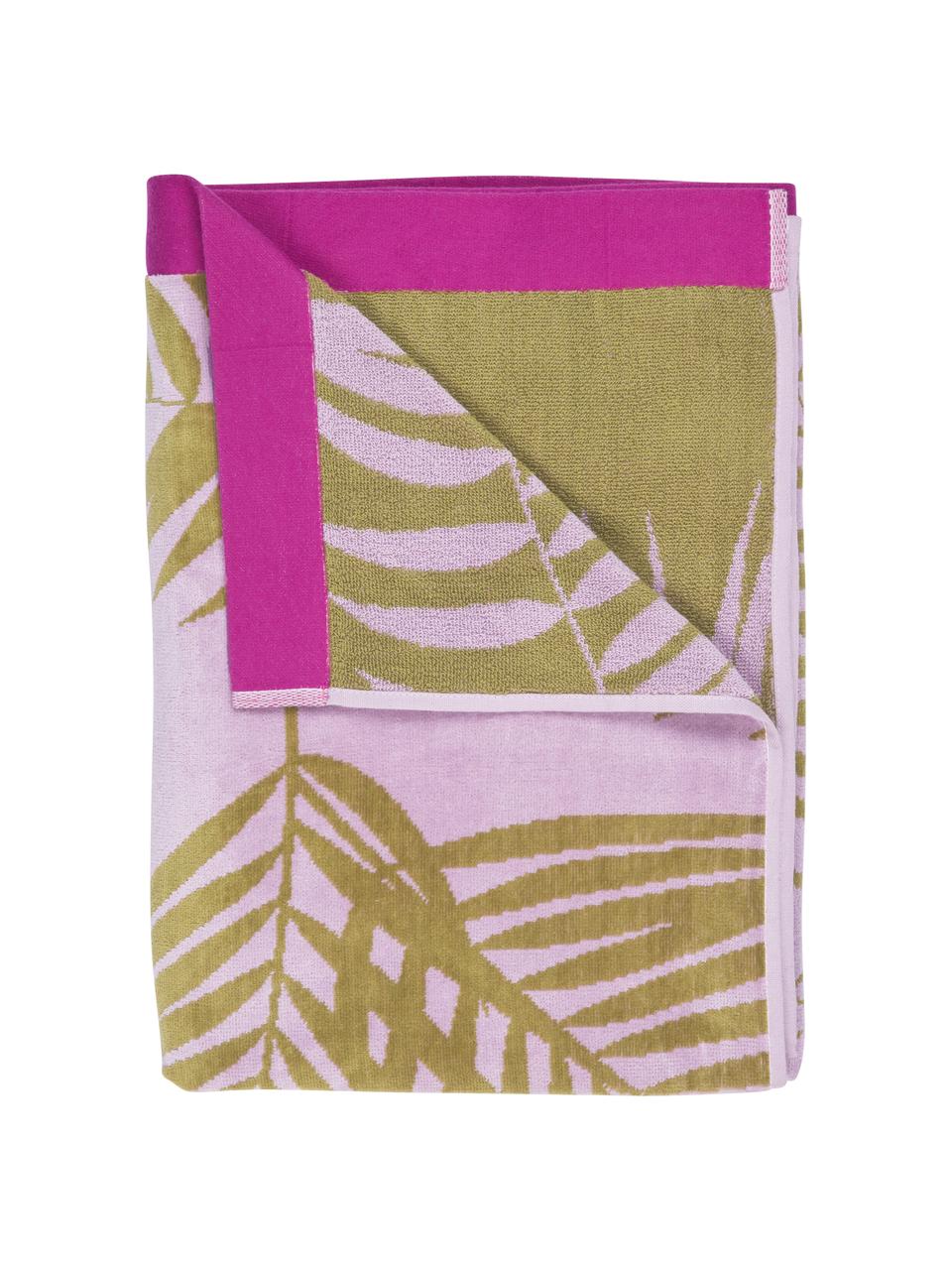 Dwustronny ręcznik plażowy z bawełny organicznej Surfing Beach, Lila, zielony, ze wzorem liści palmowych, S 100 x D 180 cm