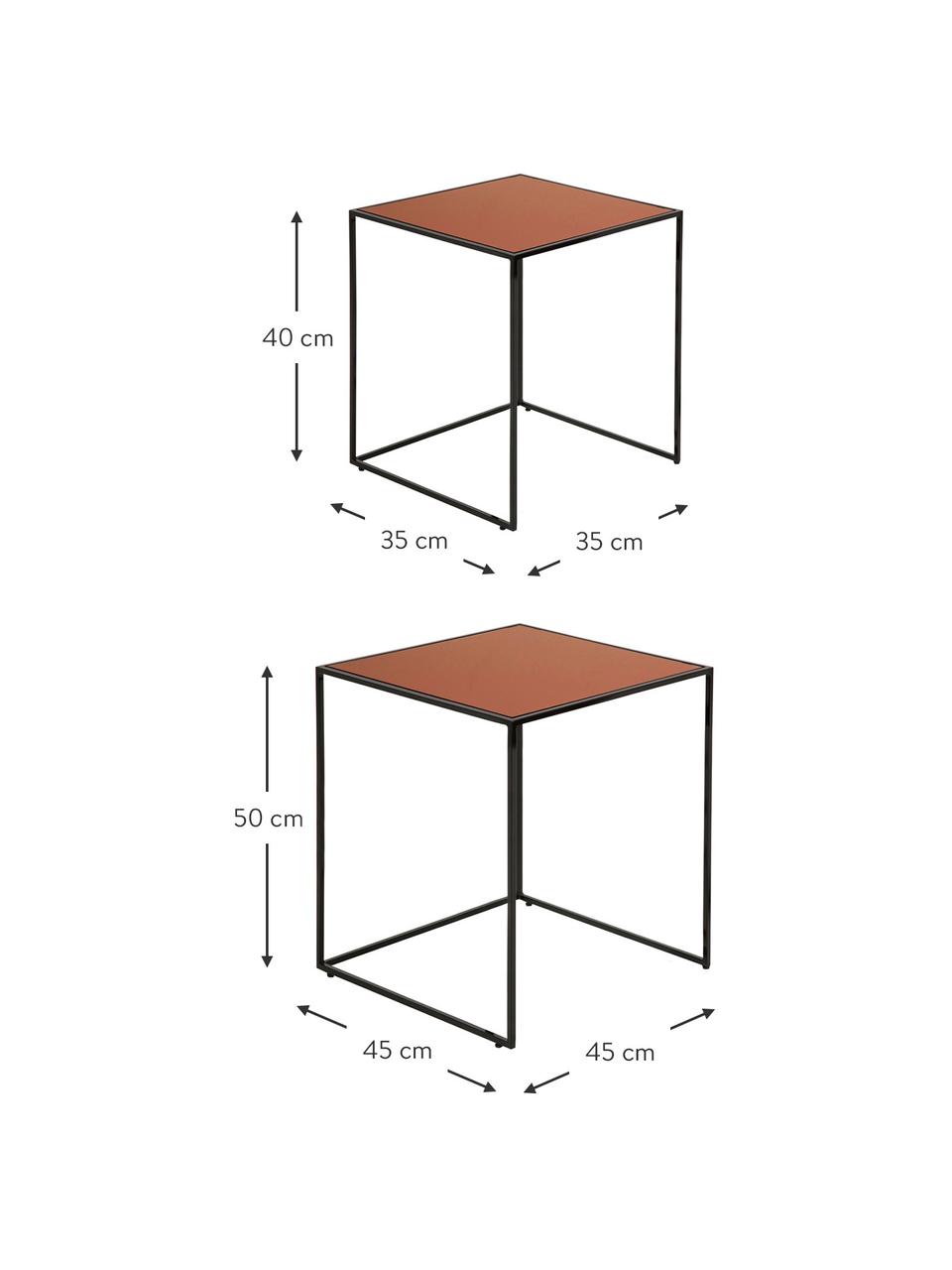 Bijzettafelset Bolton met getint glazen tafelblad, 2-delig, Frame: gepoedercoat staal, Tafelblad: gecoat veiligheidsglas, Zwart, koperkleurig, Set met verschillende formaten