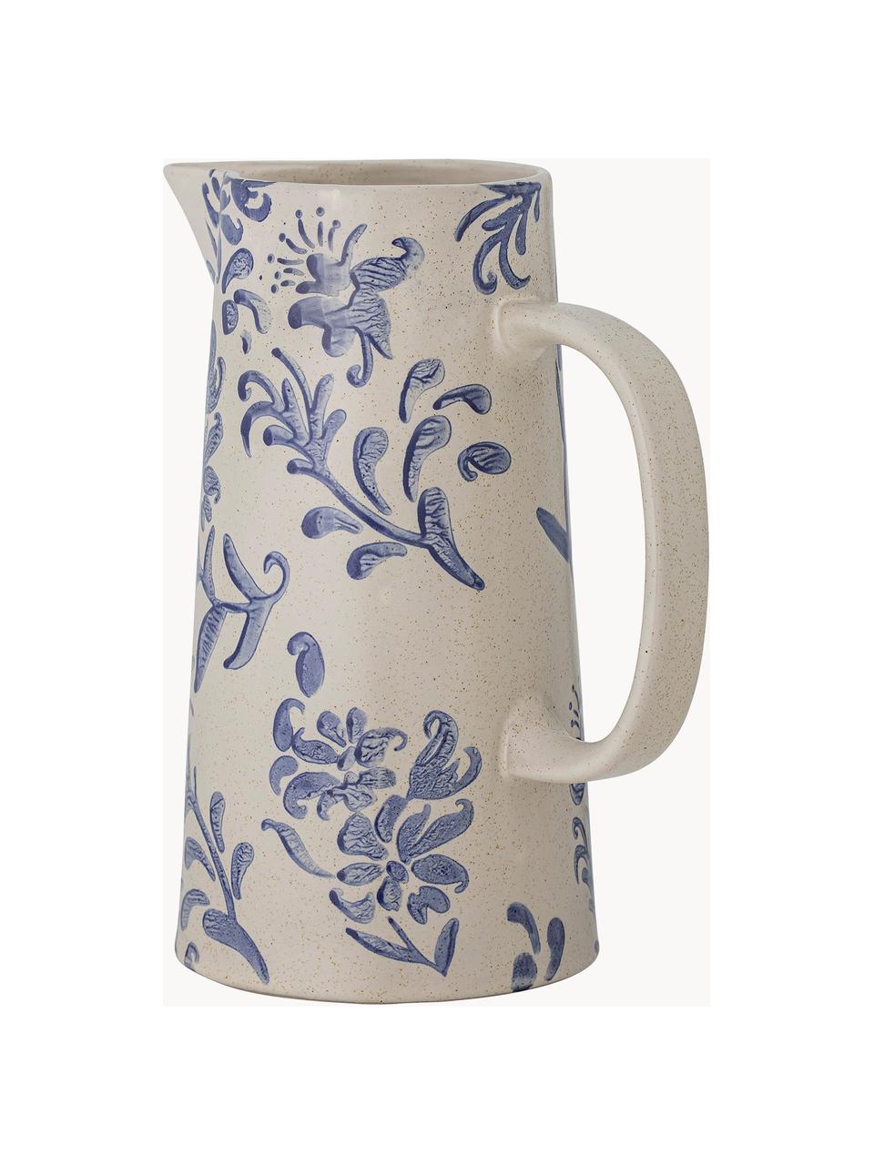 Pichet à eau avec motif floral peint à la main Petunia, 1,7 L, Grès cérame, Beige, tons bleus, 1,7 L