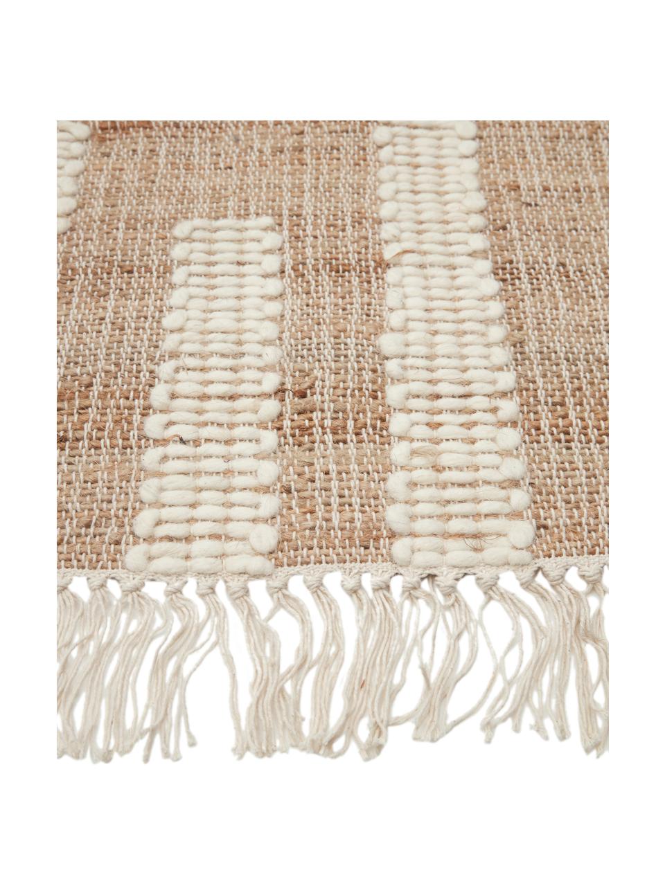 Tapis de couloir en jute à franges, tissé main Kerala, 68 % jute, 23 % coton, 9 % laine, Brun, blanc crème, larg. 80 x long. 200 cm