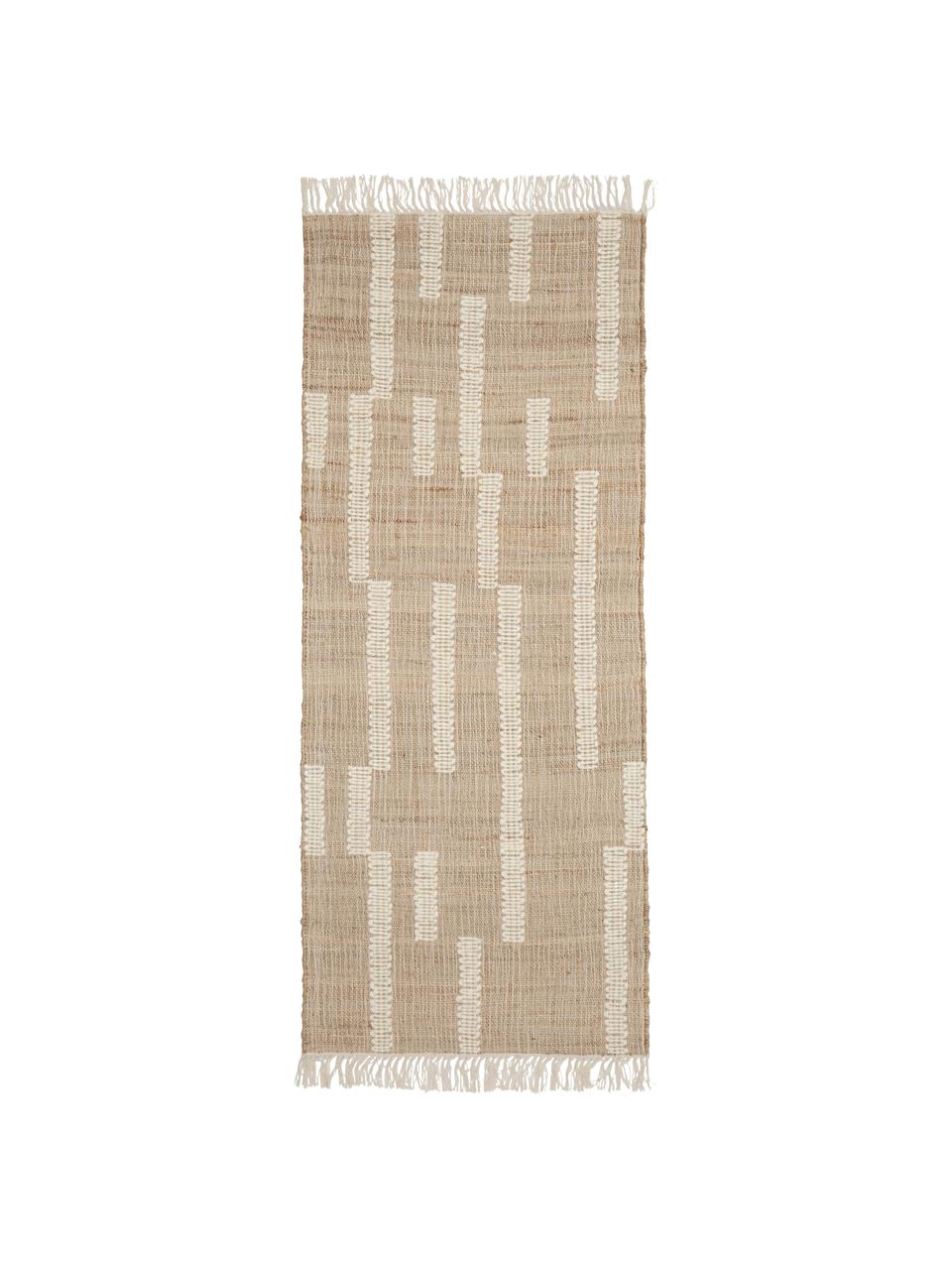 Handgefertigter Jute-Läufer Kerala mit Fransen, 68 % Jute, 23 % Baumwolle, 9 % Wolle, Braun, Cremeweiß, B 80 x L 200 cm