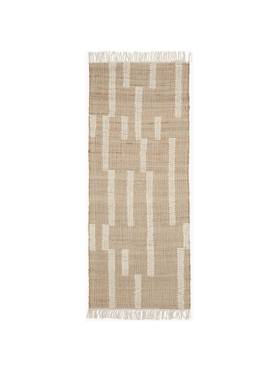 Handgemaakte jute loper Kerala met franjes, 68% jute, 23% katoen, 9% wol, Bruin, crèmewit, B 80 x L 200 cm