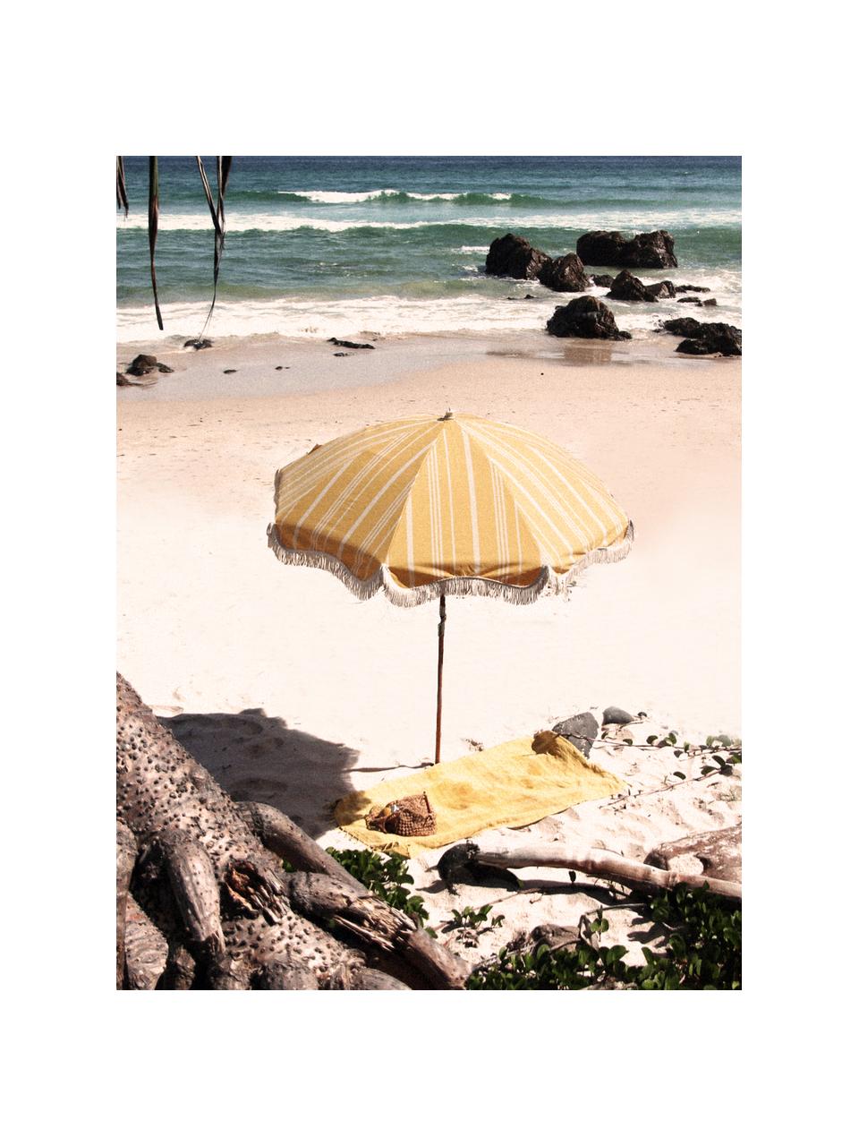 Sonnenschirm Retro mit Fransen, abknickbar, Gestell: Holz, laminiert, Fransen: Baumwolle, Gelb, Cremeweiß, Ø 180 x H 230 cm