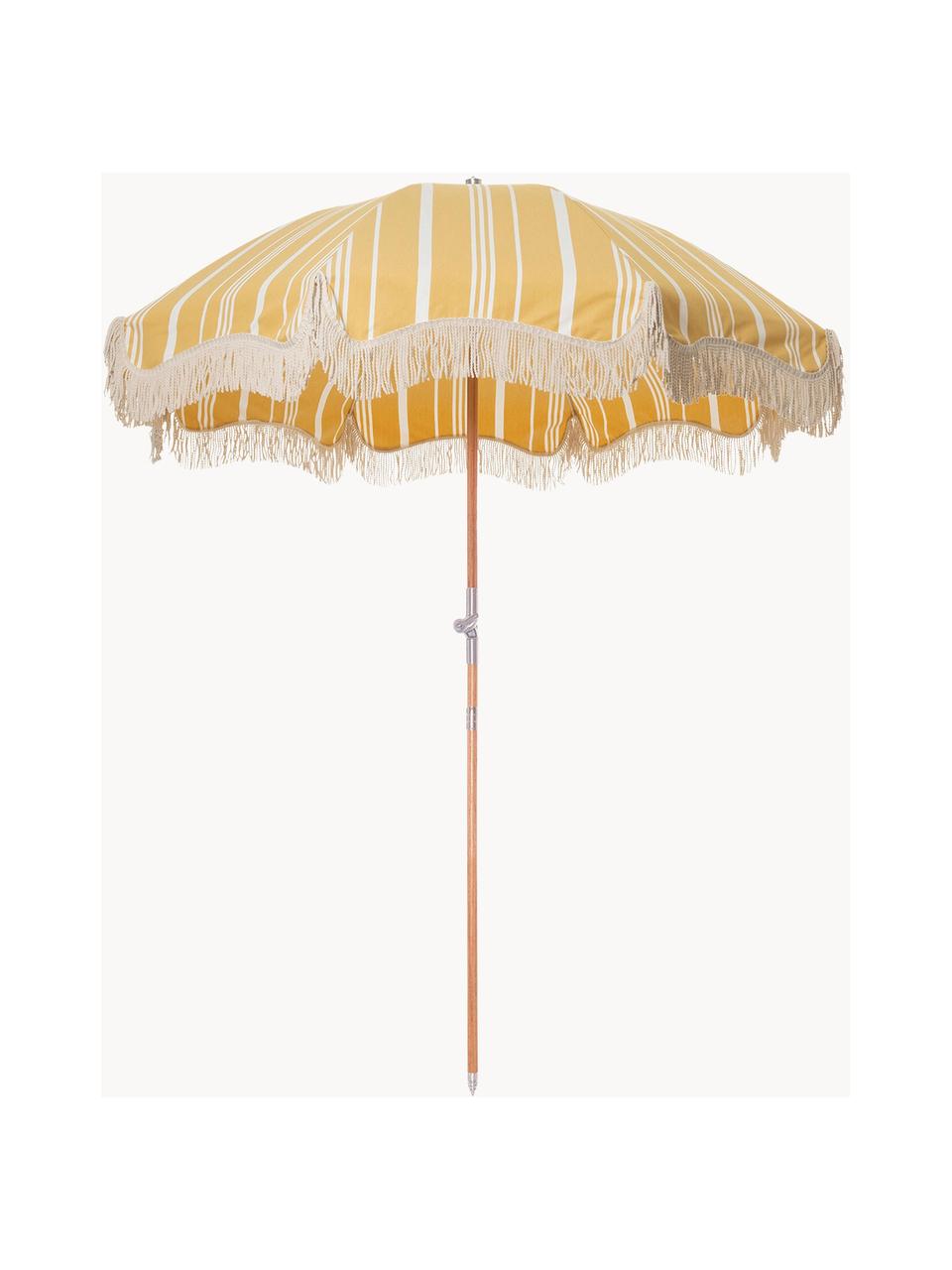 Gestreepte Parasol Retro met franjes in geel-wit, knikbaar, Frame: gelamineerd hout, Franjes: katoen, Geel, gebroken wit, Ø 180 x H 230 cm