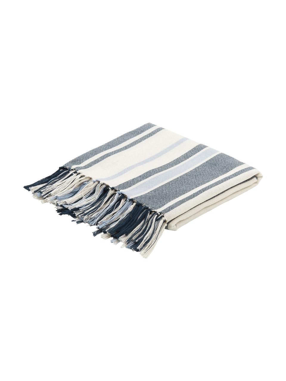 Pléd z recyklovaného polyesteru Lines, 100 % recyklovaný polyester, s certifikátem GRS, Modrá, bílá, Š 130 cm, D 170 cm
