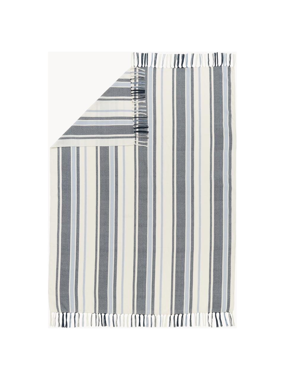 Plaid rayé en polyester recyclé Lines, 100% polyester recyclé, certifié GRS (Global Recycled Standard), Bleu, blanc, larg. 130 x long. 170 cm