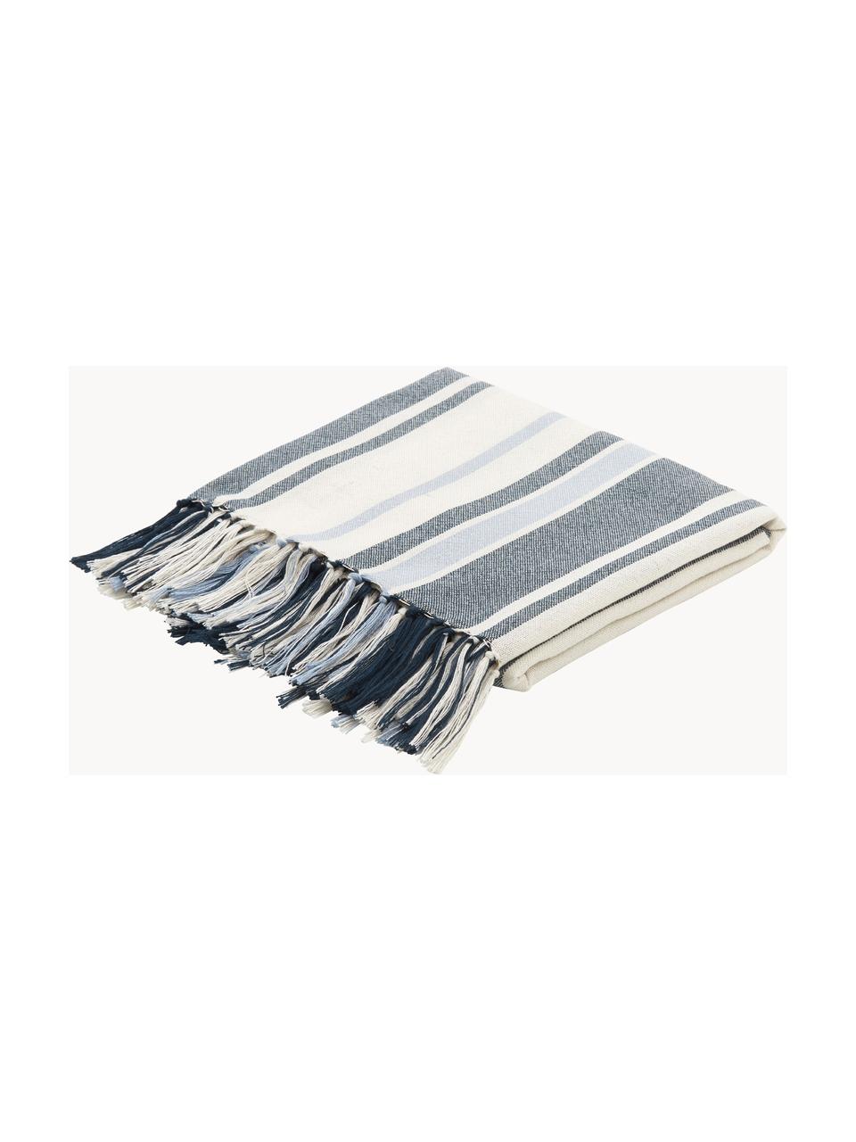 Gestreifte Decke Lines aus recyceltem Polyester, 100% Recycelter Polyester, GRS-zertifiziert, Hellblau, Grau, Cremeweiss, B 130 x L 170 cm