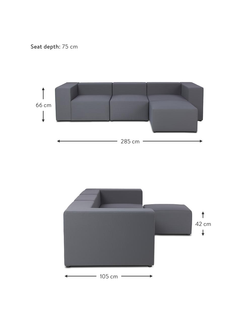 Divano componibile 4 posti da esterno con poggiapiedi Simon, Rivestimento: 88% poliestere, 12% polie, Struttura: piastra serigrafica, impe, Tessuto grigio scuro, Larg. 285 x Prof. 105 cm