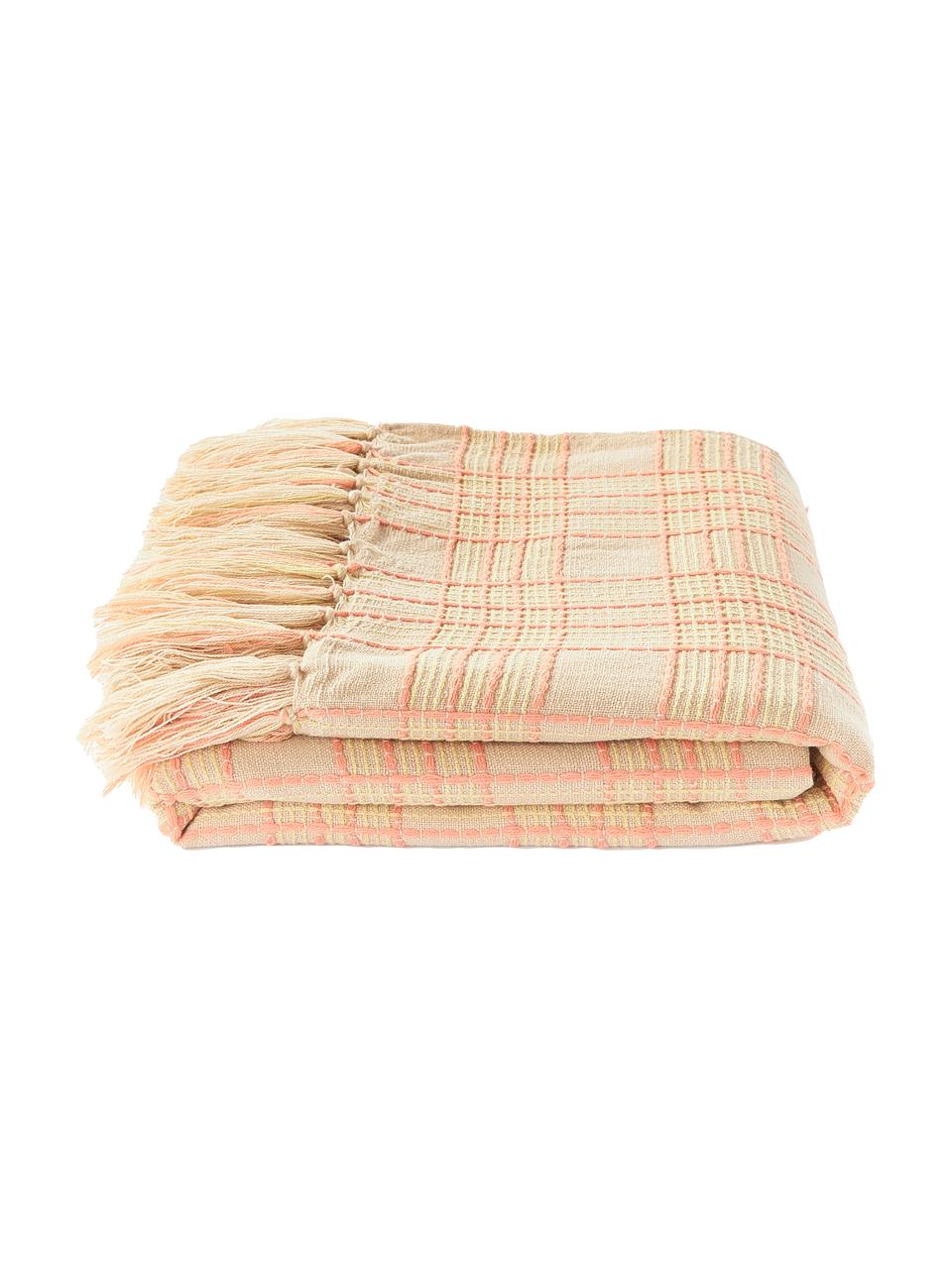 Geruite plaid Orla met franjes, Kunstvezels, Oranje, B 130 x L 170 cm