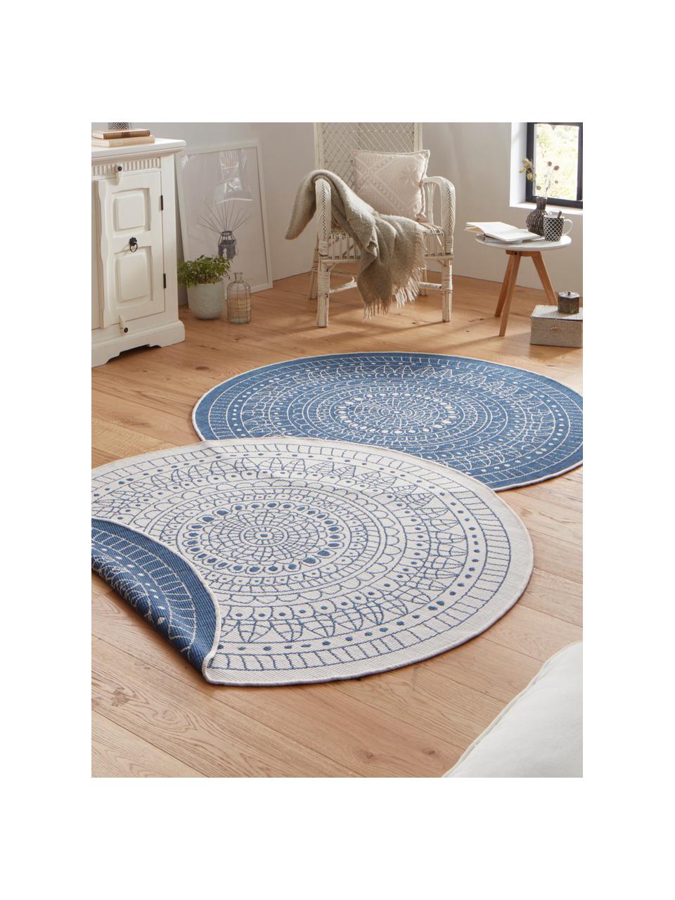 Okrúhly vzorovaný obojstranný koberec do interiéru/exteriéru Porto, 100 % polypropylén, Modrá, krémová, Ø 200 cm (veľkosť L)