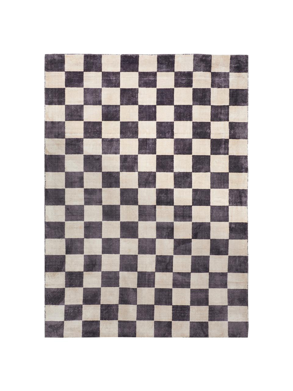 Handgewebter Viskoseteppich Lusty mit Karo-Muster, 100% Viskose, Beige, Schwarz, B 140 x L 200 cm (Größe S)