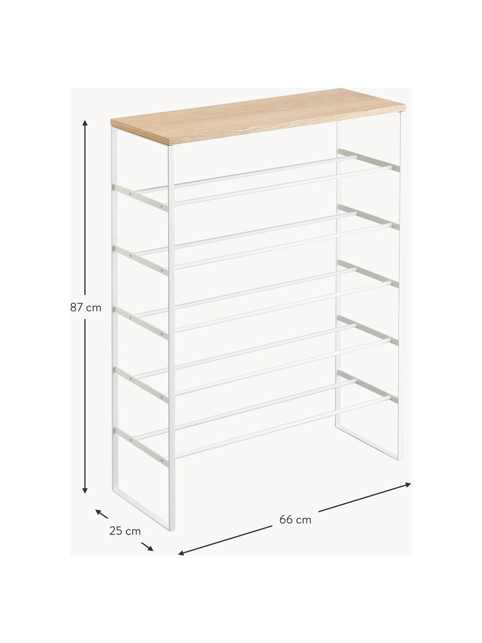 Schuhregal Tower, Gestell: Stahl, pulverbeschichtet, Platte: Mitteldichte Holzfaserpla, Haken: Kunststoff, Weiß, Helles Holz, B 66 x H 87 cm
