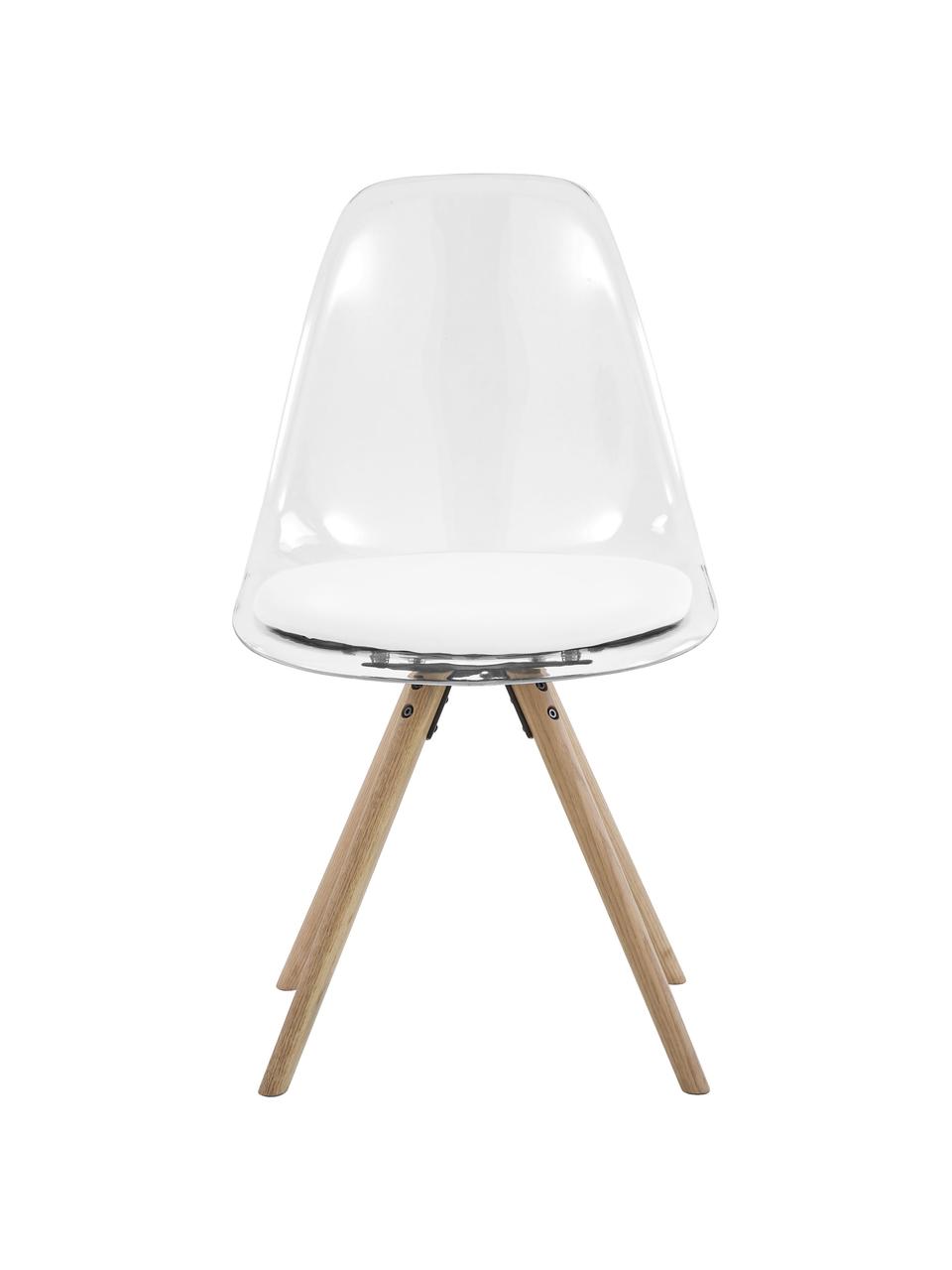 Sillas de plástico Henning, 2 uds., Asiento: plástico, Tapizado: cuero sintético, Patas: madera de roble, aceitado, Blanco, transparente, roble, An 47 x F 53 cm