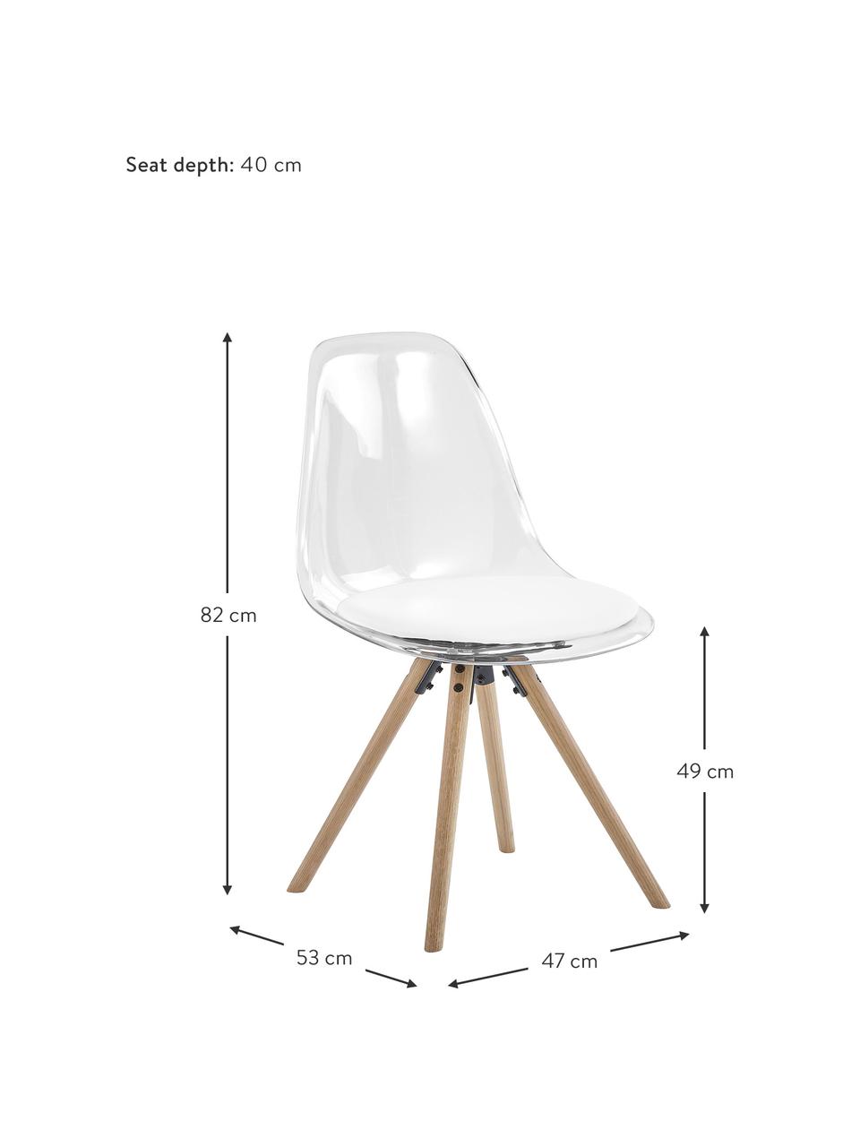 Krzesło z tworzywa sztucznego Henning, 2 szt., Tapicerka: sztuczna skóra, Nogi: drewno dębowe, olejowane, Biały, transparentny, drewno dębowe, S 47 x G 53 cm