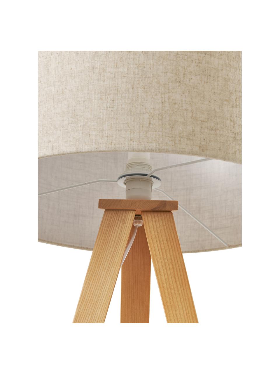 Lampada treppiede da terra scandi in legno massiccio Jake, Paralume: lino, Gambe: legno di frassino certifi, Bianco crema, marrone chiaro, Ø 60 x Alt. 150 cm