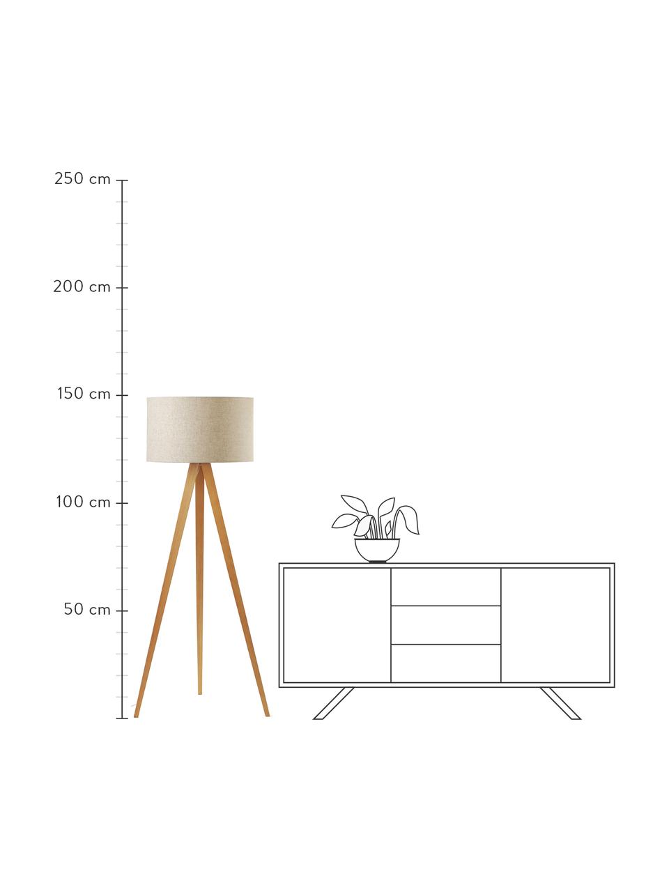 Lámpara de pie trípode escandinava de madera maciza Jake, Pantalla: lino, Cable: plástico, Crema, beige, Ø 60 x Al 150 cm