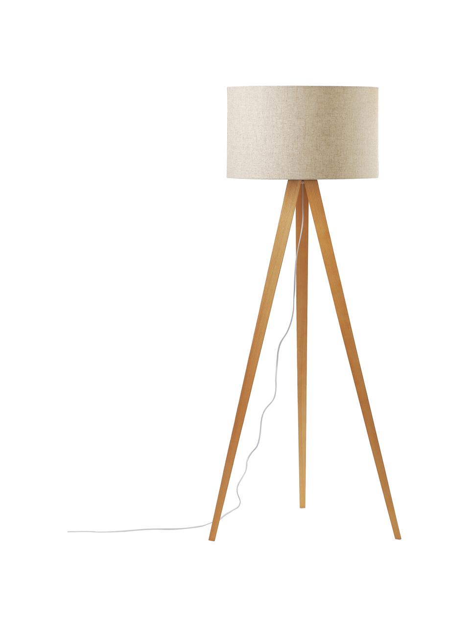 Lampada treppiede da terra scandi in legno massiccio Jake, Paralume: lino, Gambe: legno di frassino certifi, Bianco crema, marrone chiaro, Ø 60 x Alt. 150 cm