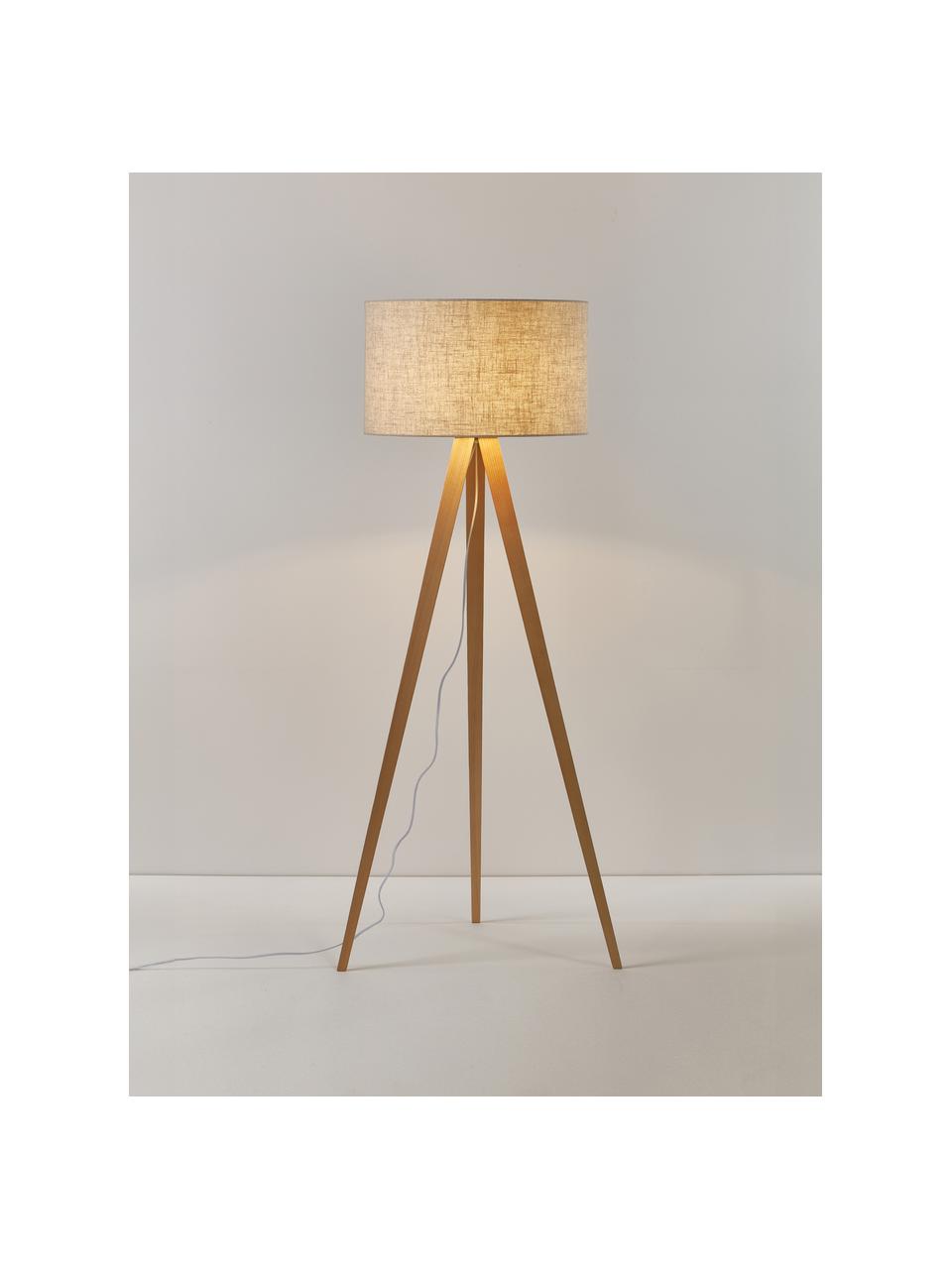 Lampada treppiede da terra scandi in legno massiccio Jake, Paralume: lino, Gambe: legno di frassino, certif, Beige chiaro, marrone chiaro, Alt. 150 cm