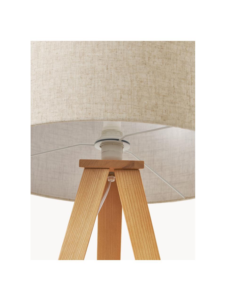 Tripod Stehlampe Jake aus Massivholz, Lampenschirm: Leinen, Lampenfuß: Eschenholz, Hellbeige, Hellbraun, H 150 cm