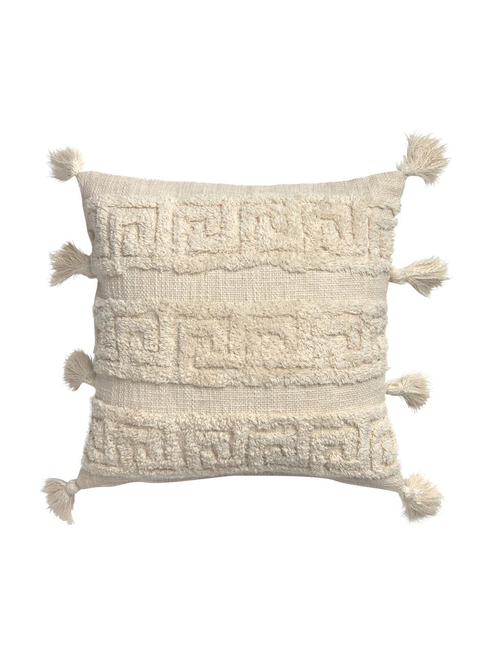 Boho Kissenhülle Hera mit Hoch-Tief-Muster und Quasten, 100% Baumwolle, Cremefarben, 45 x 45 cm