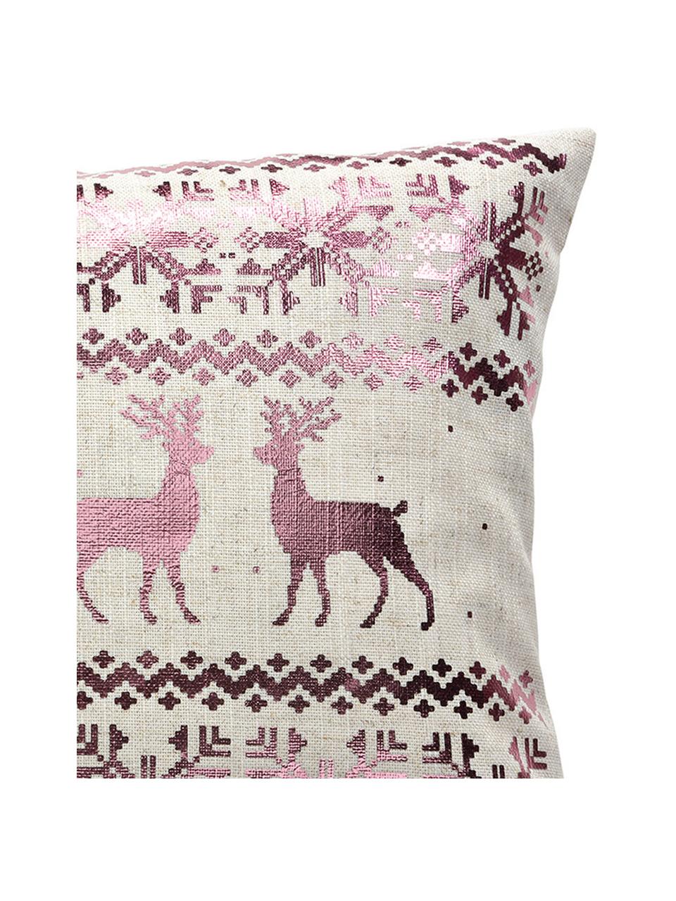 Kissenhülle Lodge mit glänzendem winterlichem Muster, 95% Polyester, 5% Leinen, Pink, Beige, 30 x 50 cm