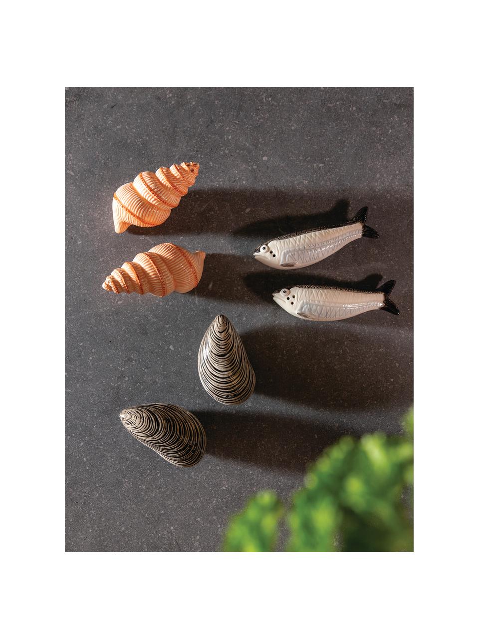 Handbeschilderde zout- & peperstrooier Mussel van dolomiet, set van 2, Geglazuurd dolomiet, Zwart, lichtbeige, B 8 x H 3 cm