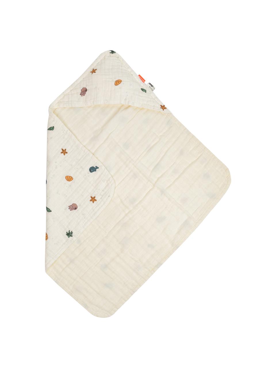 Babyhanddoek Sea met capuchon van biologisch katoen, 100% biokatoen, GOTS-gecertificeerd, Ecru, meerkleurig, B 70 x L 70 cm