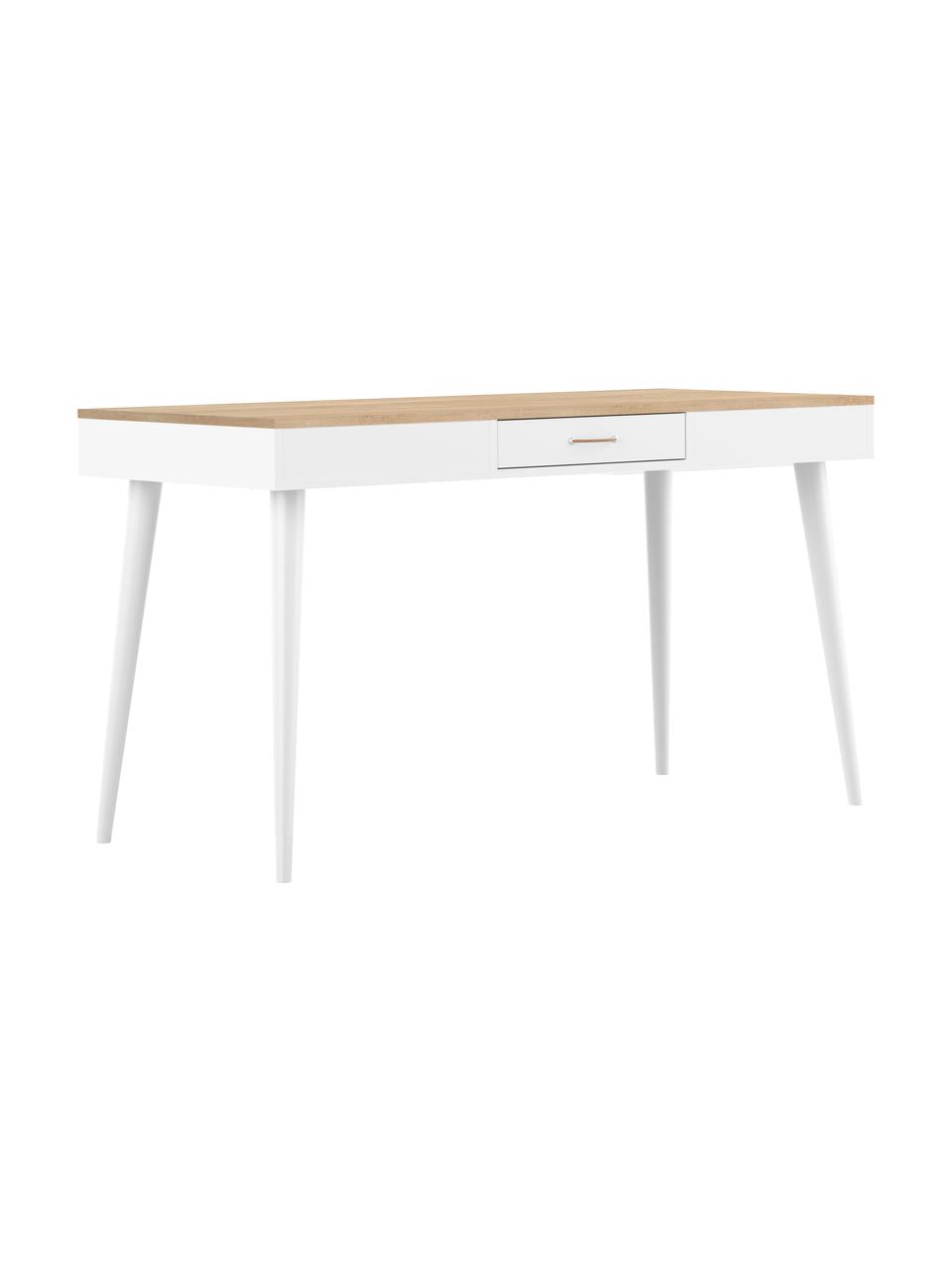 Scrivania stile nordico con cassetto Horizon, Piano d'appoggio: Truciolato, melaminico in, Gambe: Legno di faggio, massicci, Legno di quercia, bianco, Larg. 134 x Prof. 59 cm