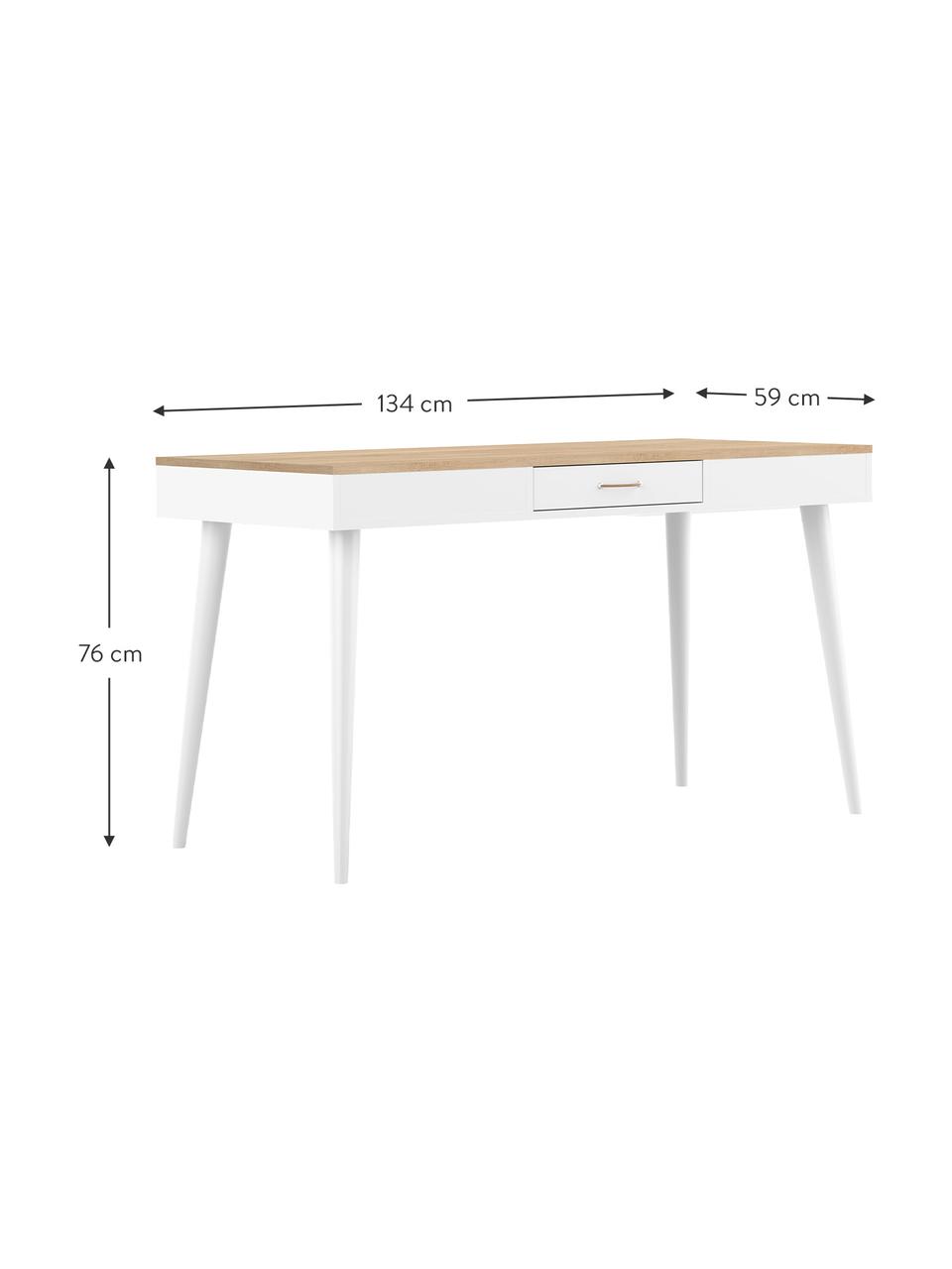 Bureau Horizon in wit met eikenhout optiek, Tafelblad: Spaanplaat, melamine geco, Frame: gelakte spaanplaat, Poten: massief gelakt beukenhout, Eikenhout, wit, B 134 x D 59 cm