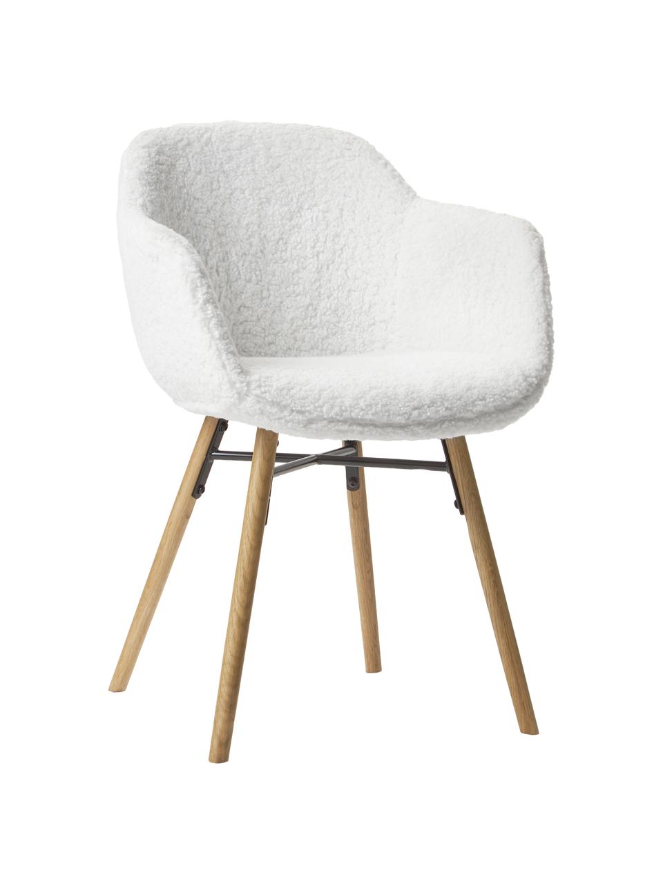 Petite chaise à accoudoirs tissu peluche avec pieds en bois Fiji, Tissu peluche blanc crème, bois, larg. 59 x haut. 84 cm