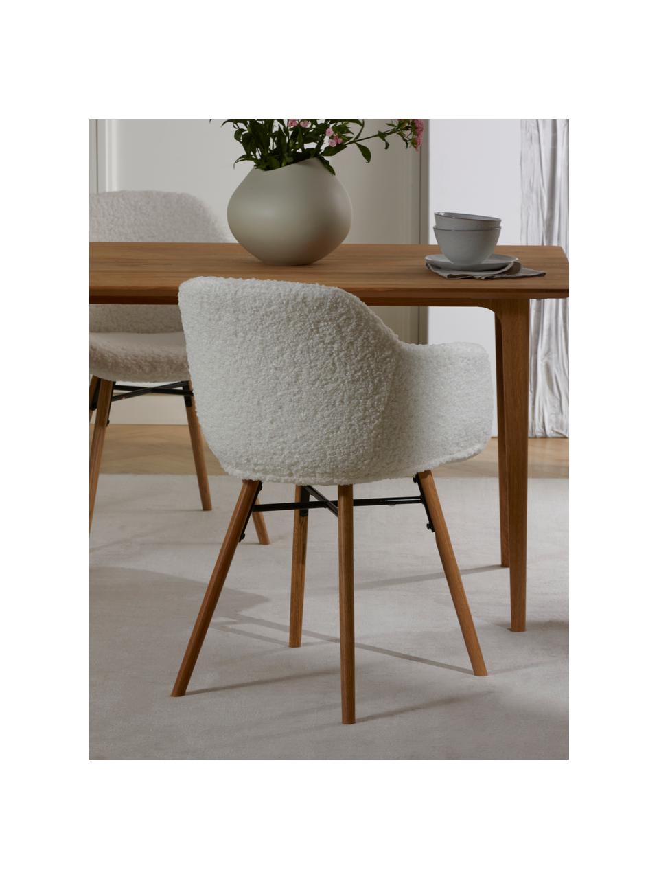 Petite chaise à accoudoirs tissu peluche avec pieds en bois Fiji, Tissu bouclé blanc crème, larg. 59 x haut. 84 cm