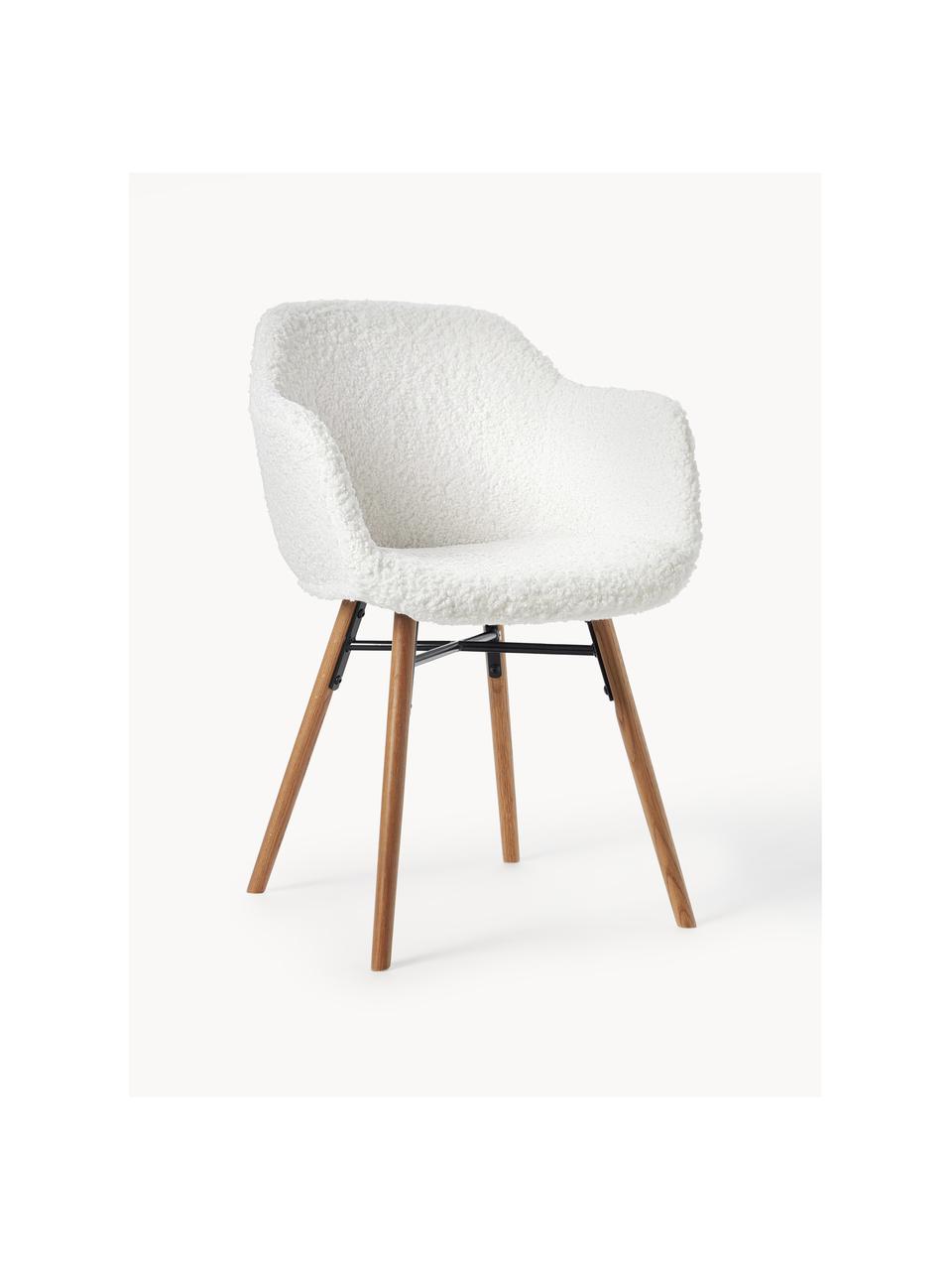 Silla con reposabrazos pequeña de cuero sintético Fiji, Tapizado: borreguillo (poliéster) A, Patas: madera de roble maciza, Borreguillo blanco crema, An 59 x Al 84 cm