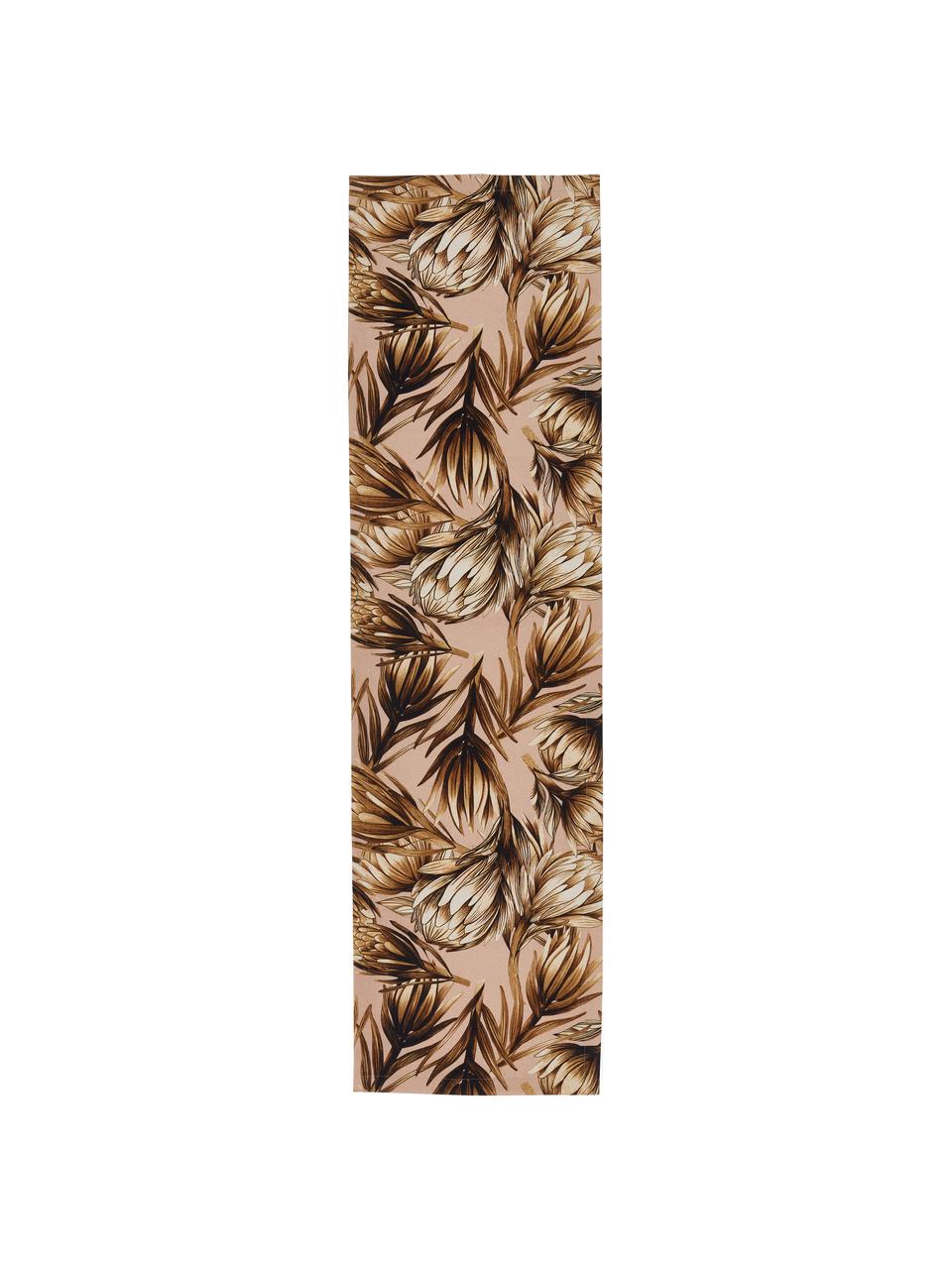 Stolový behúň s kvetinovým vzorom Protea, 85 %  bavlna, 15 % ľan, Bledoružová, tóny hnedej, Š 40 x D 145 cm