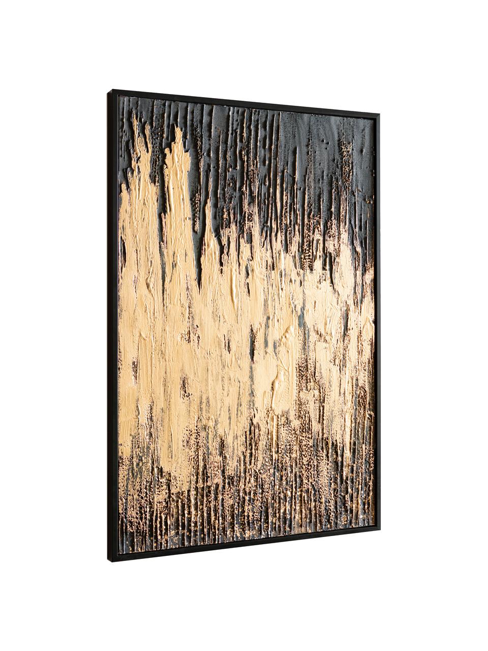 Handbeschilderde canvasdoek Abstract, Afbeelding: acryl verf uit canvas, Frame: dennenhout, Zwart, goudkleurig, B 80 x H 120 cm