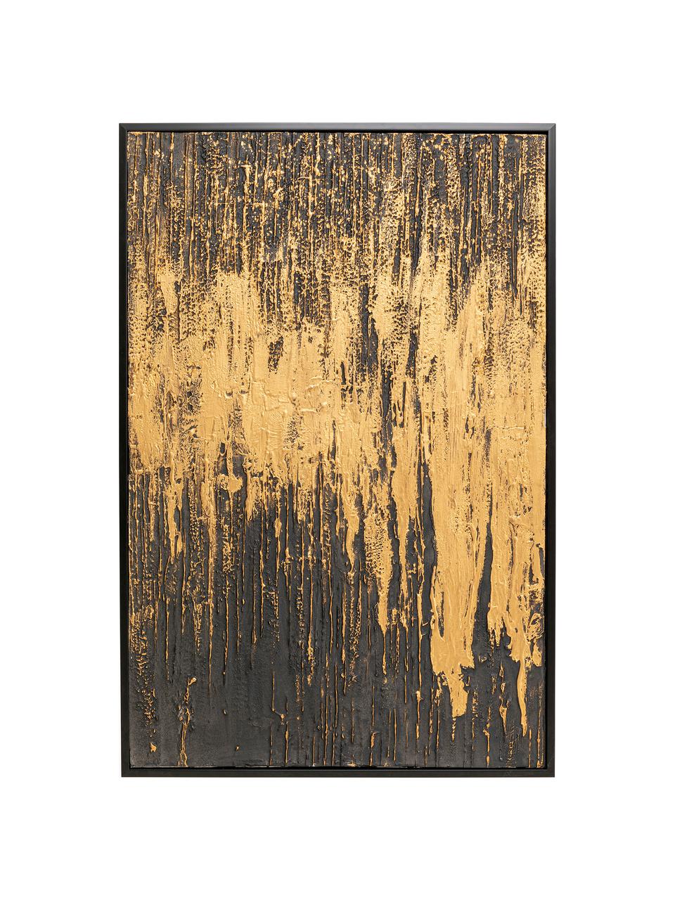 Handbeschilderde canvasdoek Abstract, Afbeelding: acryl verf uit canvas, Frame: dennenhout, Goudkleurig, zwart, B 80 x H 120 cm