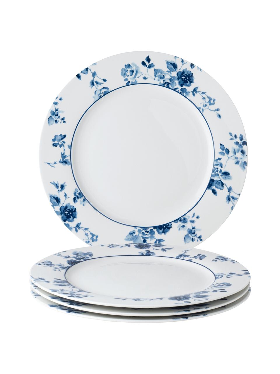 Assiette plate en porcelaine à motif bleu Candy Rose, 4 pièces, Porcelaine Fine Bone China, Blanc, bleu, Ø 26 cm